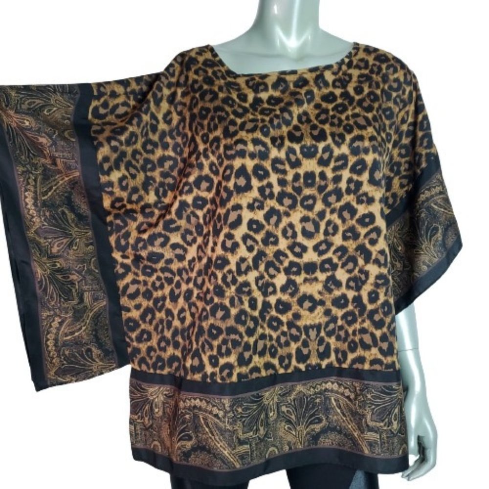 Beverly‎ Drive Poncho Top Plus Size 1X Leopard Kimono Sleeve Pullover Brown
